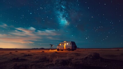 Wall Mural - Van under starry sky with telescope