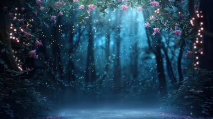 Aufkleber - A forest scene with a blue sky and pink flowers
