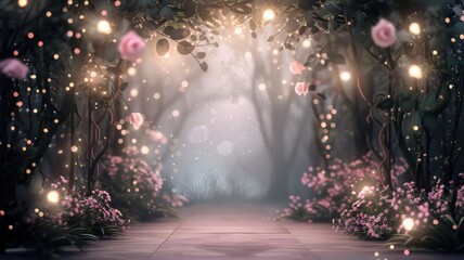 Aufkleber - A forest scene with a path leading through it. The path is lined with pink flowers and trees