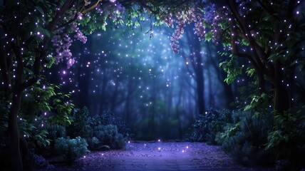 Aufkleber - A forest with purple flowers and a path with a glow in the dark
