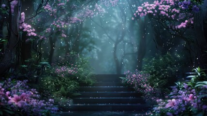 Aufkleber - A forest with a stone staircase leading up to a path. The path is lined with flowers and trees