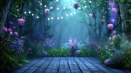 Poster - A forest scene with purple flowers and lights hanging from the trees