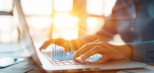 Aufkleber - A person is typing on a laptop with a sun shining on the screen
