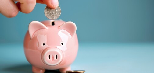 Poster - A person is putting coins into a pink piggy bank