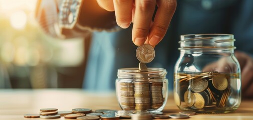 Poster - A person is putting coins into a jar