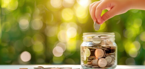 Poster - A person is putting coins into a jar
