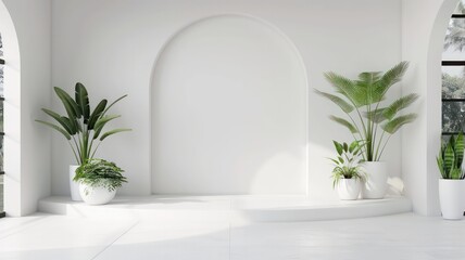 A white room with a white archway and a white wall. There are several potted plants in the room, including a palm tree and a fern