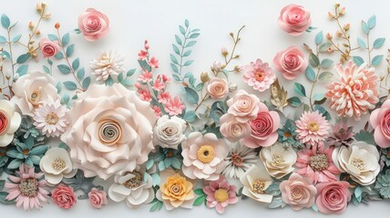A beautiful bouquet of flowers is displayed in a white background. The flowers are arranged in a way that creates a sense of movement and flow, with some flowers overlapping each other