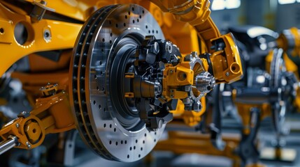 Leinwandbilder - A close-up shot of a brake rotor being installed on a car chassis in a factory setting. The robotic arm is visible, and the assembly line is blurred in the background.