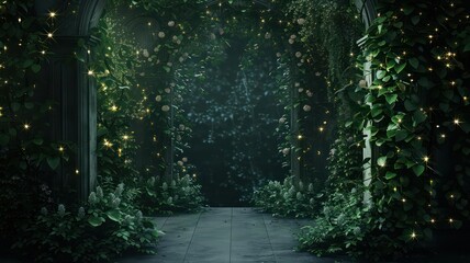 A dark, mysterious tunnel with green vines and glowing lights. Scene is eerie and enchanting