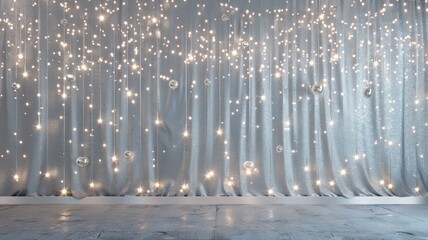 Wall Mural - A silver curtain with a starry pattern and a few small lights hanging from it
