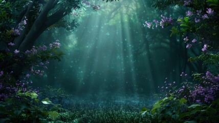 Aufkleber - A forest scene with a bright sun shining through the trees. The trees are full of purple flowers and the sky is blue