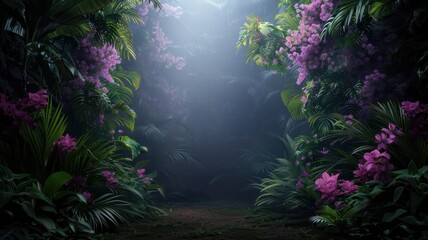 Aufkleber - A lush green forest with purple flowers and a path leading through it