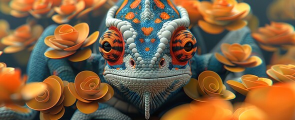 Wall Mural - Close up illustration of a blue and orange chameleon blending in with bright orange flowers. This vibrant illustration is perfect for nature and animal lovers