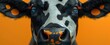 © Andrea Marongiu - Black and white cow with orange spots and blue eyes is posing on an orange background. This funny animal portrait is both strange and intriguing