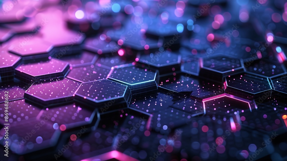 Abstract futuristic close-up of hexagonal patterns with neon lights in ...