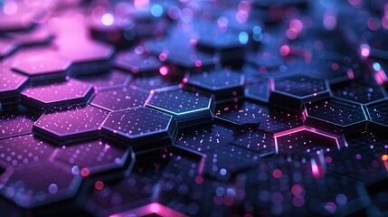 Wall Mural - abstract futuristic close-up of hexagonal patterns with neon lights in purple and blue shades. this 