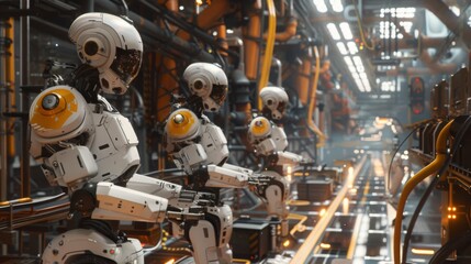 Aufkleber - A line of robots working on an assembly line in a futuristic factory.