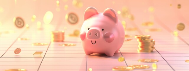 Wall Mural - Cute piggy bank, animated style, coins symbol, saving money, blush, grid background, playful, charming.
