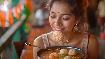 Wall Mural - south asian girl enjoying Idli Sambhar in an authentic south-indian restaurant. indian flag in the background,generative ai