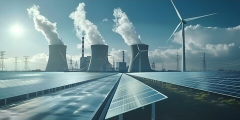 Renewable energy sources like solar panels wind turbines and nuclear plants. Concept Solar Panels, Wind Turbines, Nuclear Plants, Renewable Energy Sources