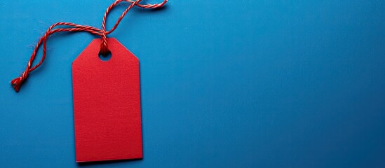 Leinwandbilder - Top view of a red tag against a blue backdrop, emphasizing a Black Friday concept with a copy space image.