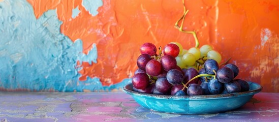 Poster - Grapes displayed on a blue plate with a vibrant wall in the background add a pop of color to the copy space image.