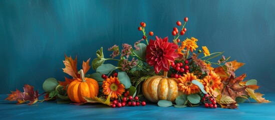 Poster - Autumn-themed still life arrangement featuring a mix of orange pumpkin, maple leaves, burgundy leaves, red berries, and yellow flowers on a blue backdrop, designed with copy space for text.