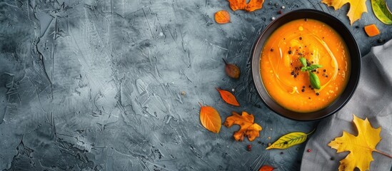 Aufkleber - Vegetarian pumpkin soup puree in rustic style on a gray background with a top view, perfect for Thanksgiving Day with copy space image.