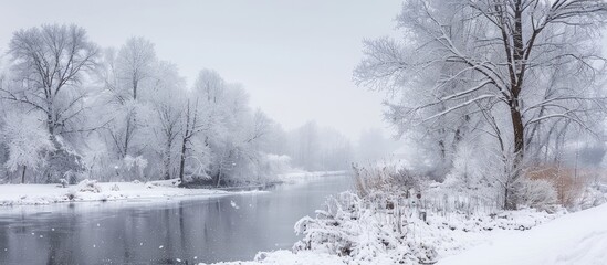 Fototapete - A winter landscape with snow-covered trees along a river with copy space image.