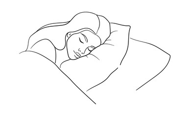 Sticker - Girl sleeping on a pillow in bed continuous line art drawing isolated on white background. Vector illustration