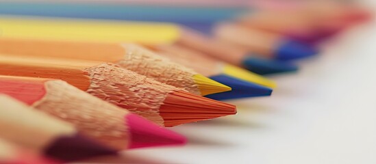 Aufkleber - Colorful assortment of pencils in various shades are displayed in a row on a white background with a blurred side perspective, ideal for a copy space image.