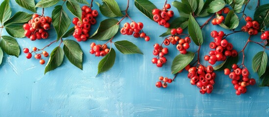 Aufkleber - Ripe rowan berries and green leaves arranged on a light blue wooden table in a flat lay composition with room for text in the image. Copy space image. Place for adding text and design