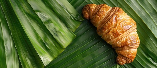 Canvas Print - A detailed image of a croissant placed on a banana leaf with space for additional content.