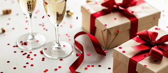 Poster - Close-up view of two gift boxes with red ribbon, red confetti, complemented by two champagne glasses on a white background, ideal for a copy space image.