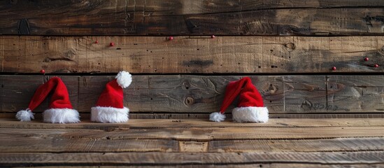Aufkleber - Festive Santa's helper hats displayed against a backdrop of rustic wood, evoking a cheerful ambiance for Christmas and New Year celebrations with a copy space image.