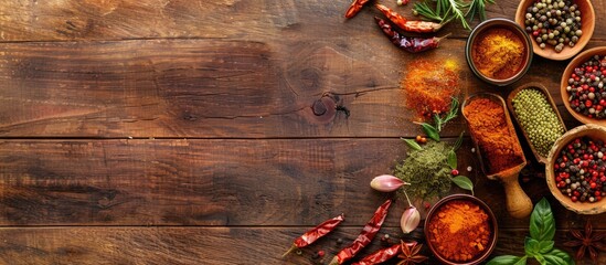 Poster - Top view of a wooden table featuring a variety of colorful spices with copy space image.