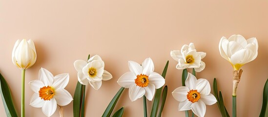 Leinwandbilder - A flat lay composition showcasing Narcissus flowers and white tulips on a beige background with ample copy space, ideal for a neutral book cover concept.