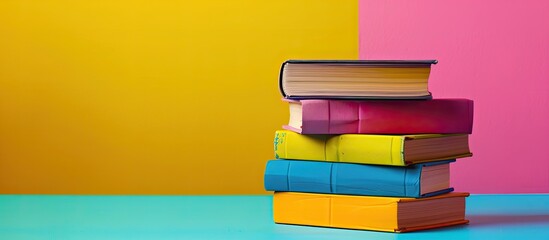 Poster - Colorful stack of books against an educational backdrop, perfect for a back-to-school theme with ample copy space for text.