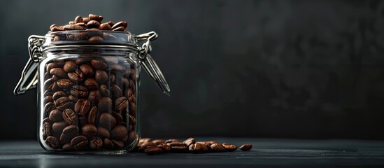 Aufkleber - A coffee bean is displayed on black glass in a jar, perfect for promoting your business through advertising and PR. This image with copy space can enhance your coffee menu.
