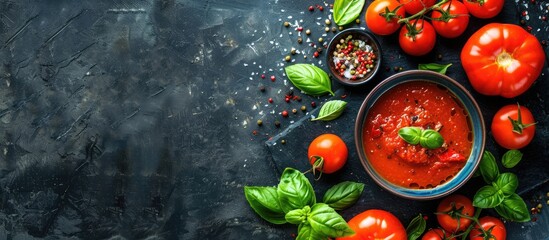 Aufkleber - Top view of summer tomato soup with fresh vegetables and green basil, in a copy space image.