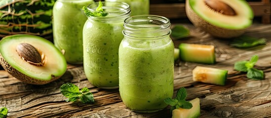 Poster - Melon smoothie in glass jars on a wooden table with a rustic background, ideal for a copy space image.