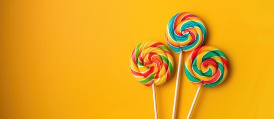 Poster - Vibrant swirl lollipops on yellow backdrop with copy space image.