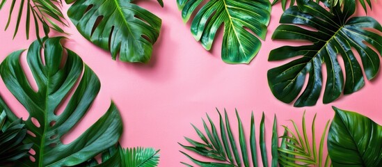 Fototapete - Vibrant tropical leaves on a pink background with copy space image for a tropical-themed flat lay.
