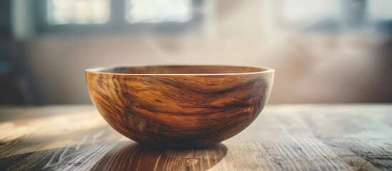 Wall Mural - Wooden bowl on table with a blank copy space image in the background.