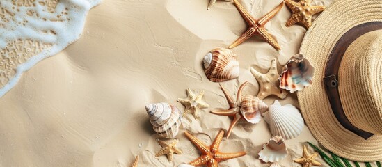 Poster - Top view of beach accessories, seashells, and copy space image on sandy surface.