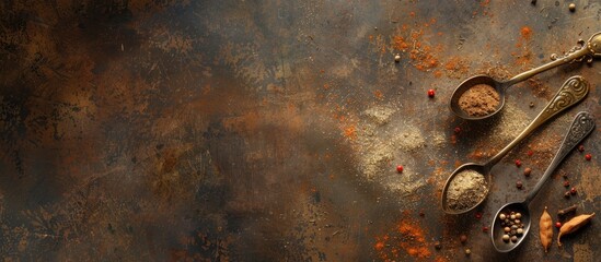 Poster - Toned background featuring ancient melchior spoons with spices on metal surface for a copy space image.