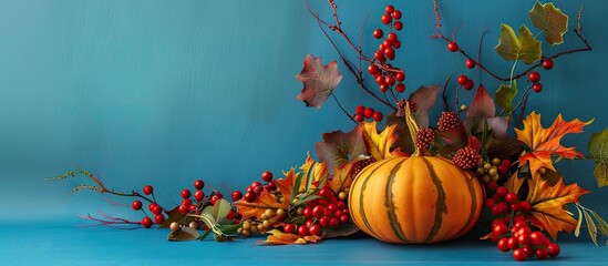 Poster - Autumn-themed still life arrangement featuring a mix of orange pumpkin, maple leaves, burgundy leaves, red berries, and yellow flowers on a blue backdrop, designed with copy space for text.