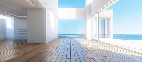 Sticker - Modern architecture with a beautiful wooden floor, white walls, and windows offering a view of the blue sky. Ideal for a copy space image.