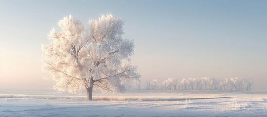 Fototapete - Winter landscape featuring a tree highlighted with rime ice frost against the light, perfect as a copy space image.